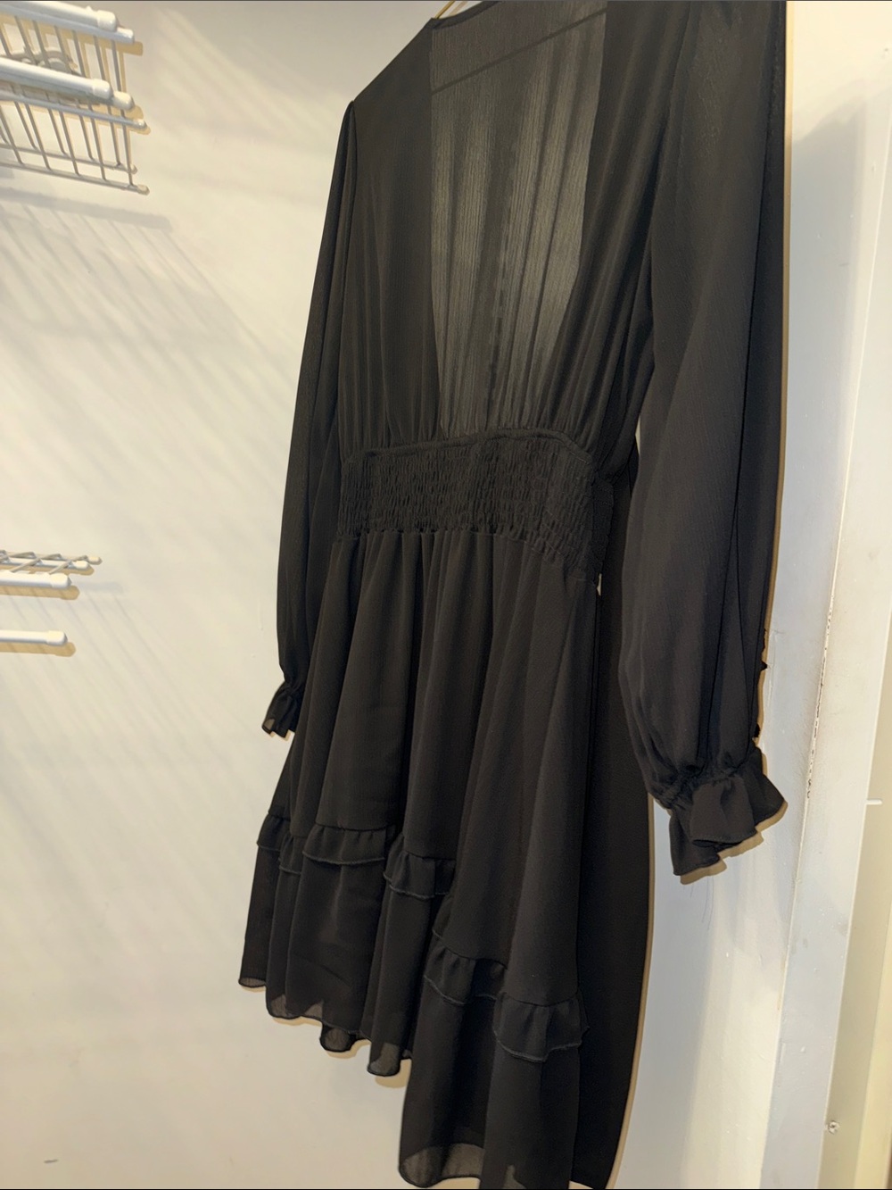 AlvaQ Womens V Neck Ruffles Long Sleeve Black Mini Dress, Medium - Picture 5 of 5